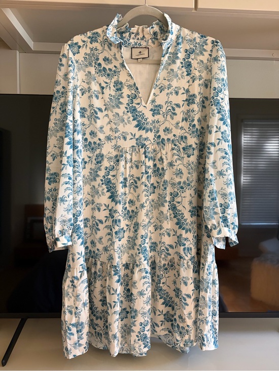 Tuckernuck Dresses & Skirts - Tuckernuck Blue and White Floral Ruffle-Neck Dress